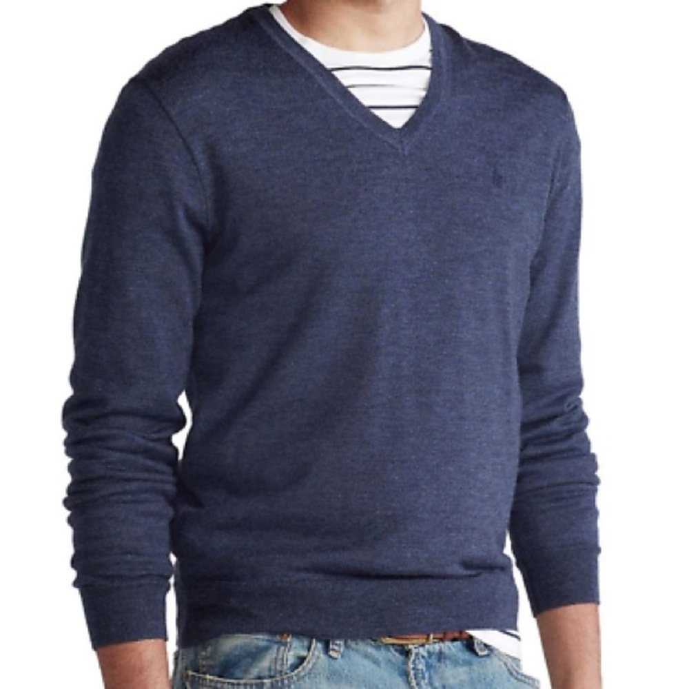 Polo by Ralph Lauren Washable Merino Wool Blue V-Neck Pullover Sweater | L